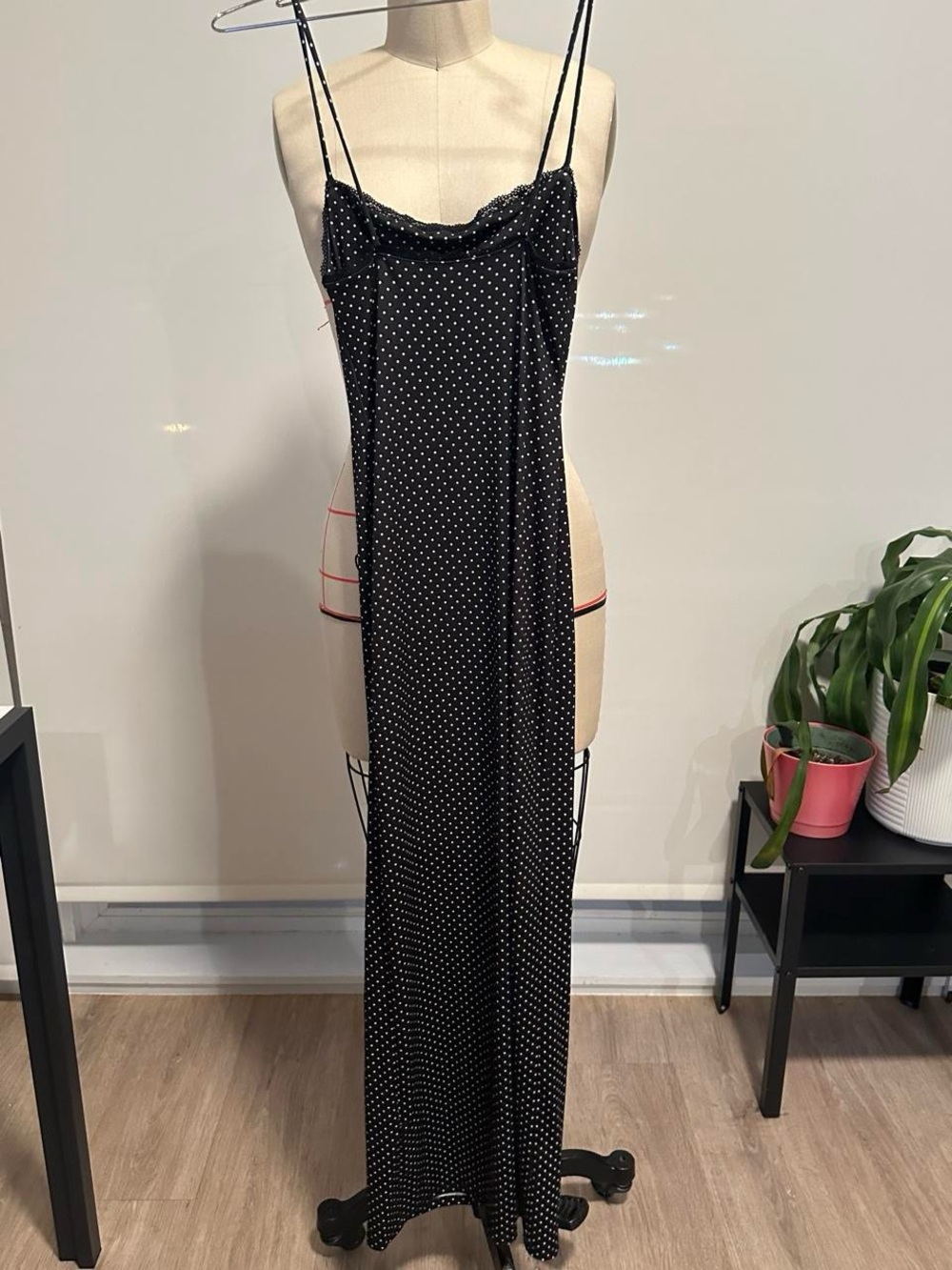 Bershka black with white polka dot maxi slip dress in a US 2 - Picture 2 of 4